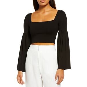 Susana Monaco Black Bell Sleeve Crop Top Square Neck NWT Women’s Medium Stretch